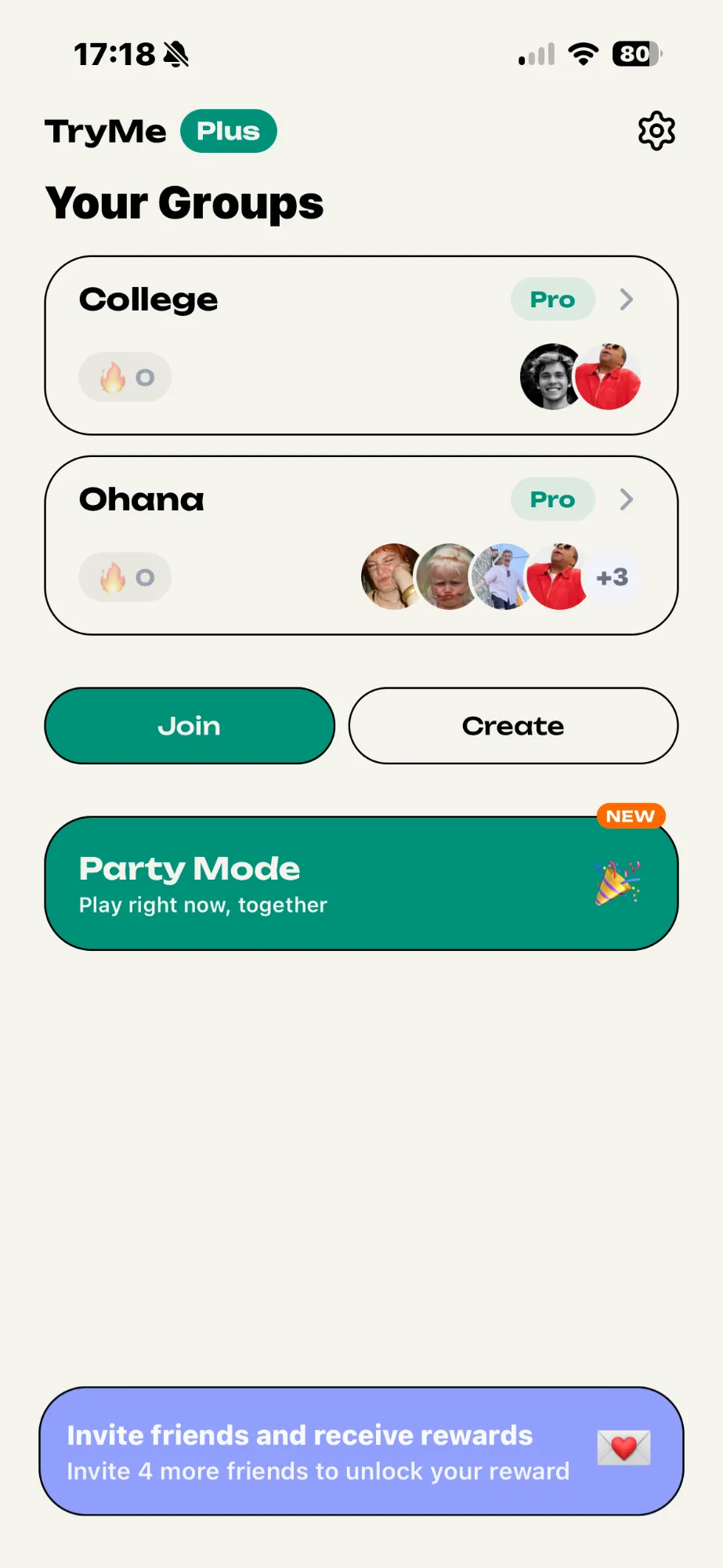 TryMe app showing the list of your groups, with Join, Create and Party Mode buttons
