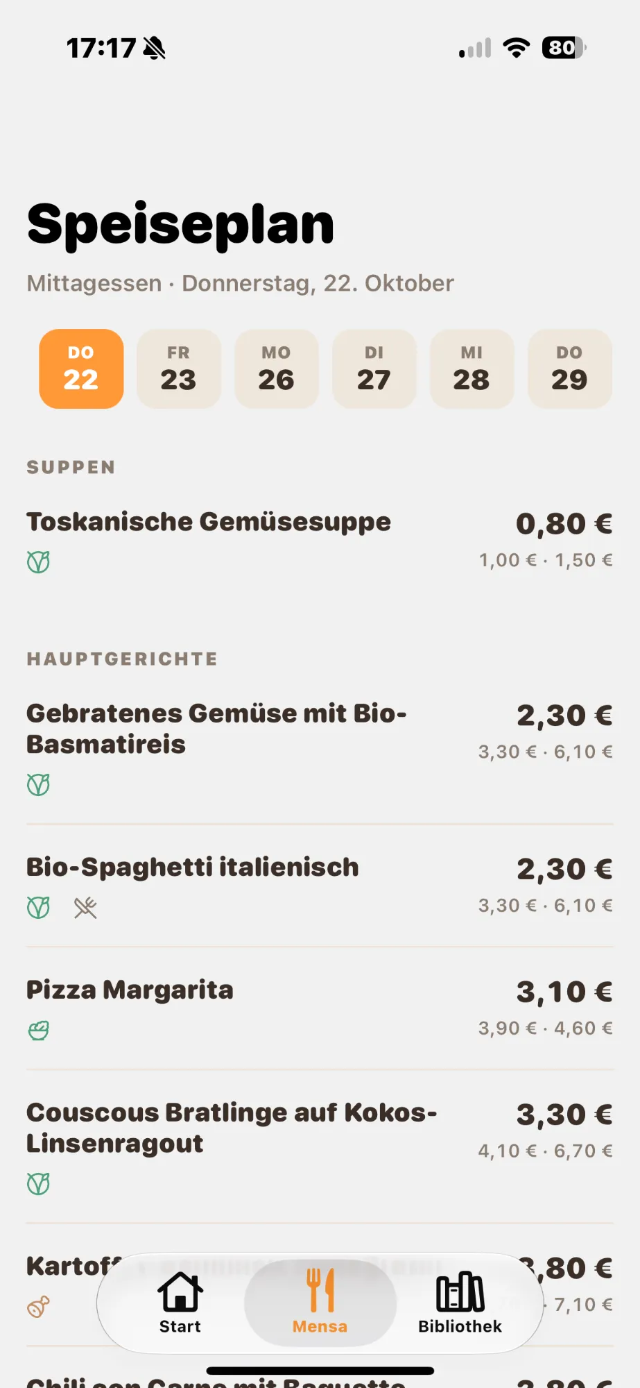Cafeteria menu for Thursday with soups and main dishes and their prices