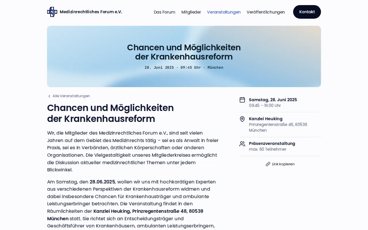 Event page with a coloured banner, introduction and a sidebar with date and venue