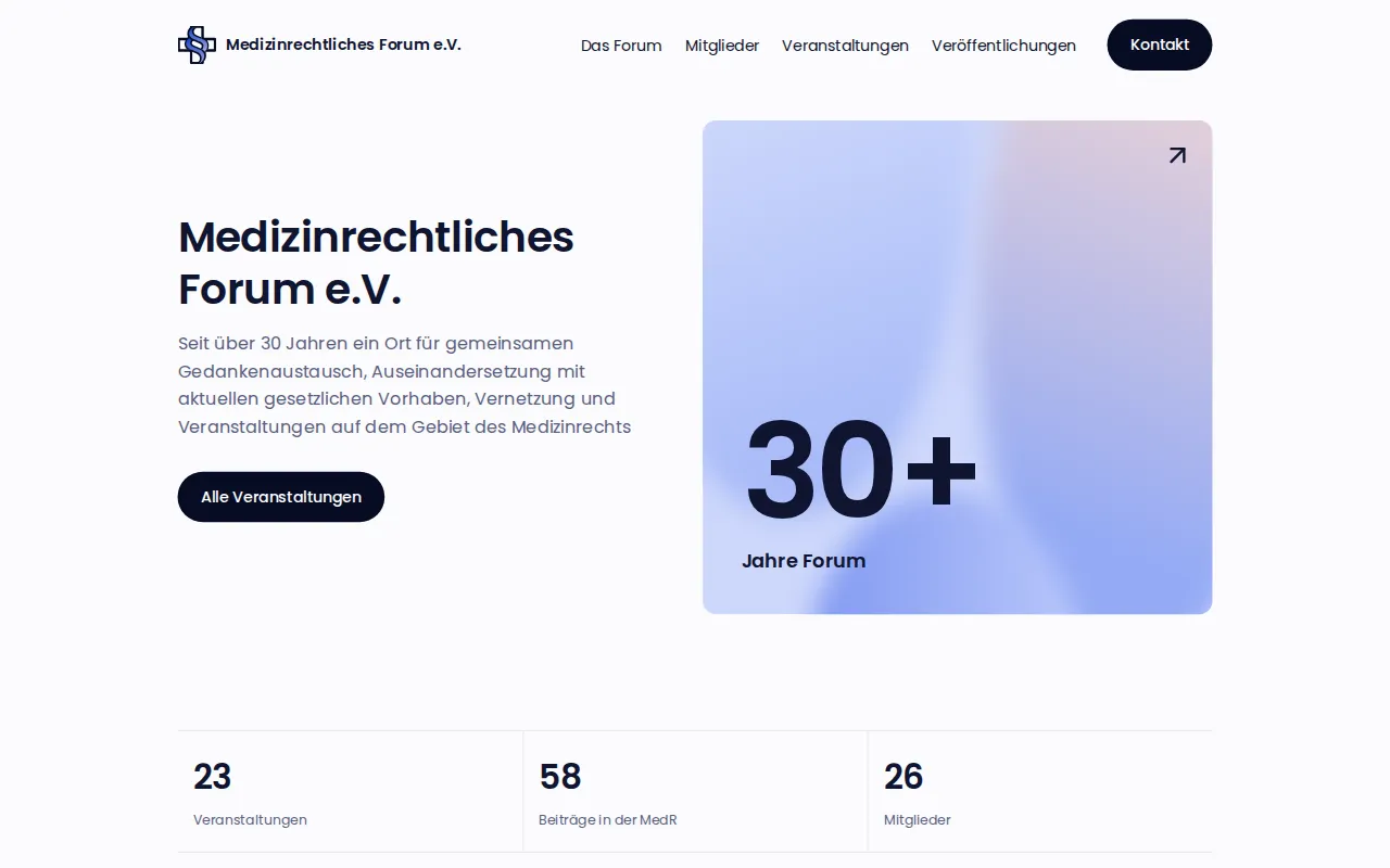 Homepage of the Medizinrechtliches Forum with title, introduction and a 30 years card