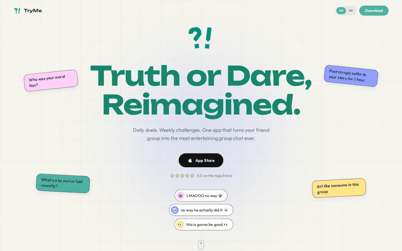TryMe website hero reading Truth or Dare, Reimagined, with floating prompt cards